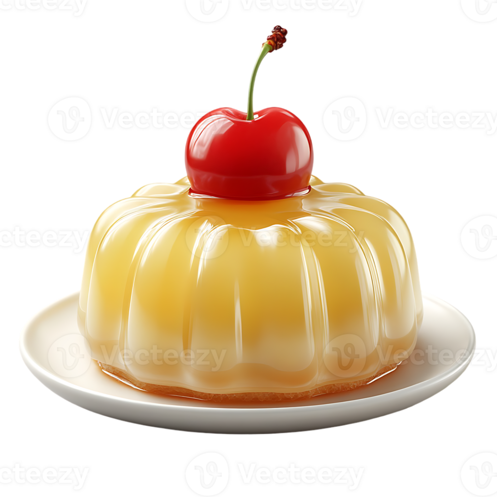 Yellow dessert with a cherry on top sitting on a small white plate png