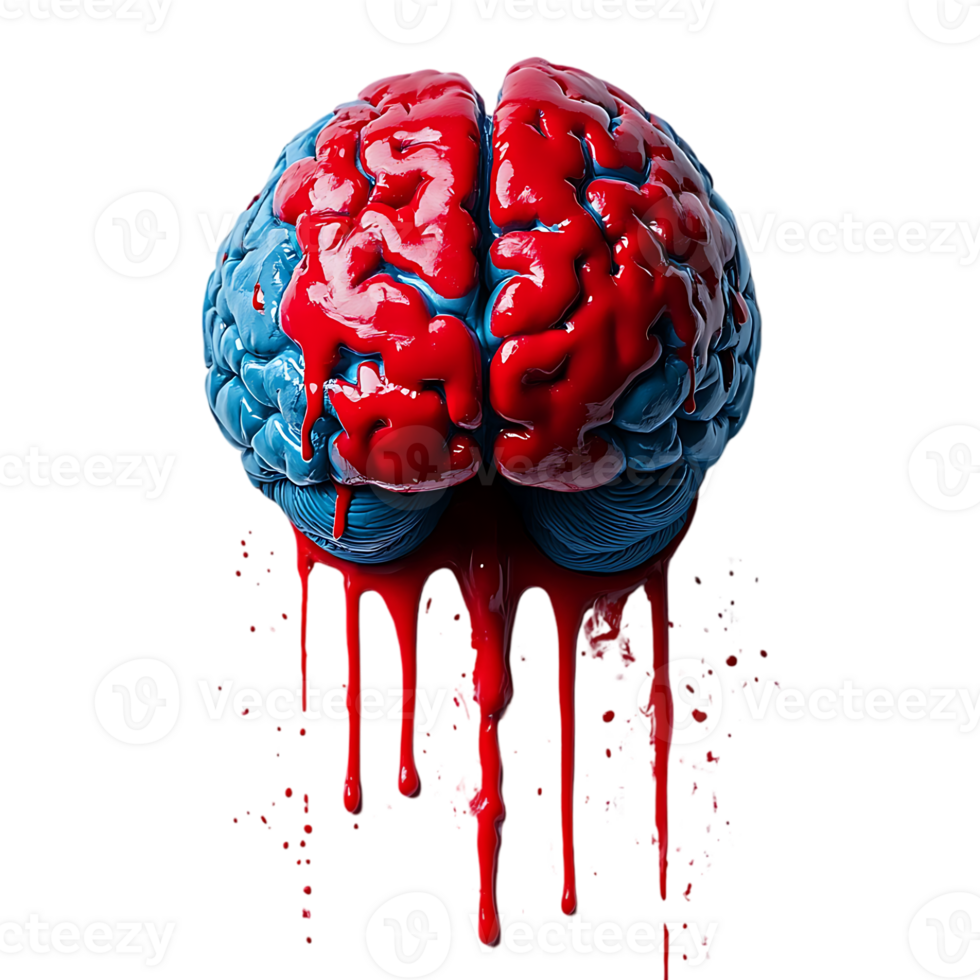 Red paint drips from a blue brain model a striking visual metaphor png