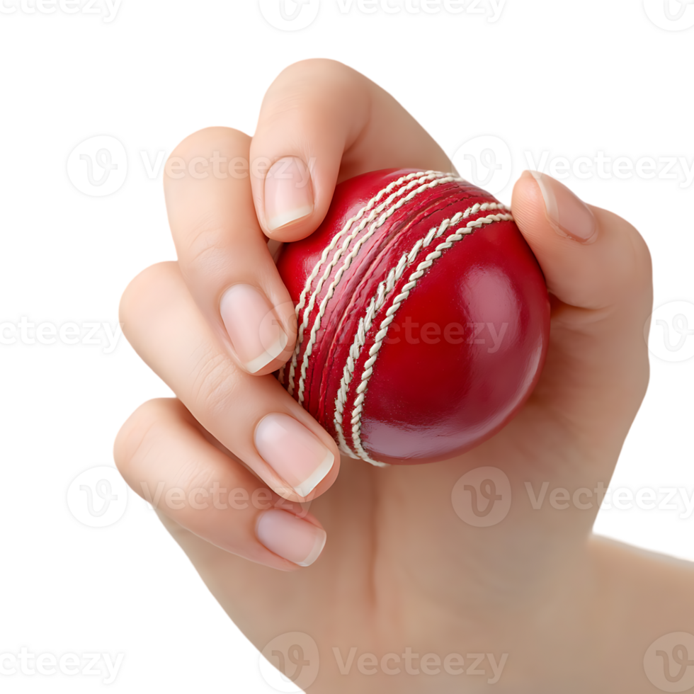 A hand holding a red cricket ball close up shot showing detail png