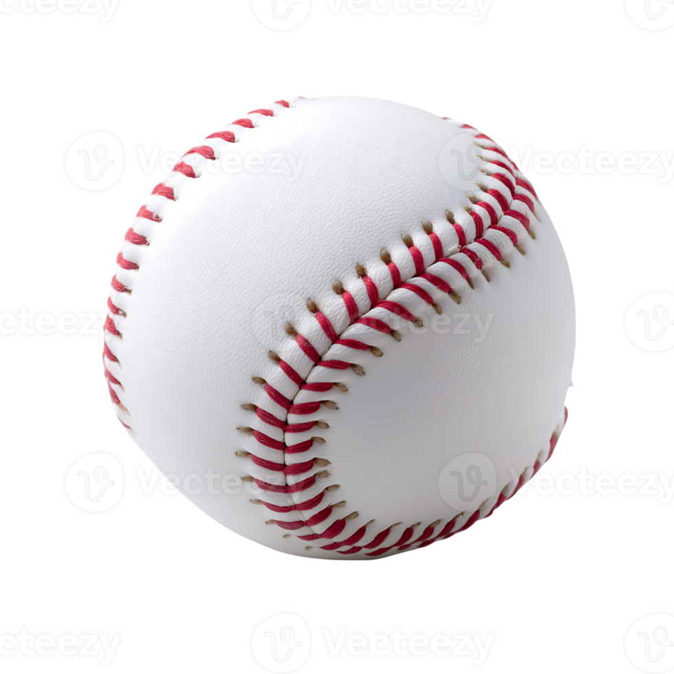 A close up view of a white baseball with red stitching png