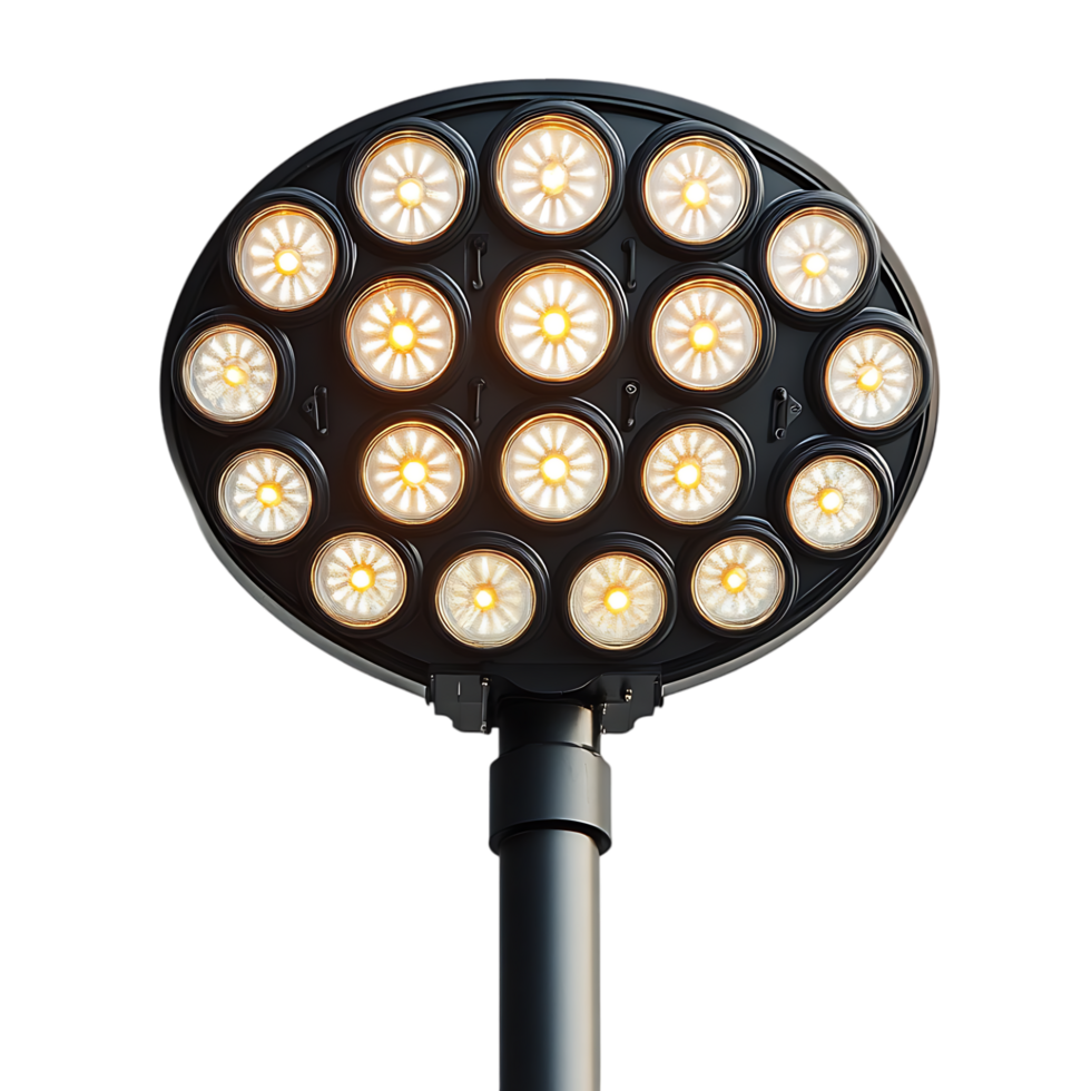 Illuminated stadium light fixture multiple bright LEDs black pole outdoor lighting png