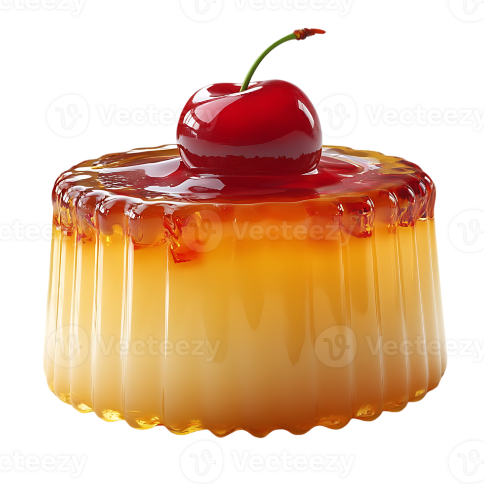 Creamy caramel dessert topped with a shiny red cherry png