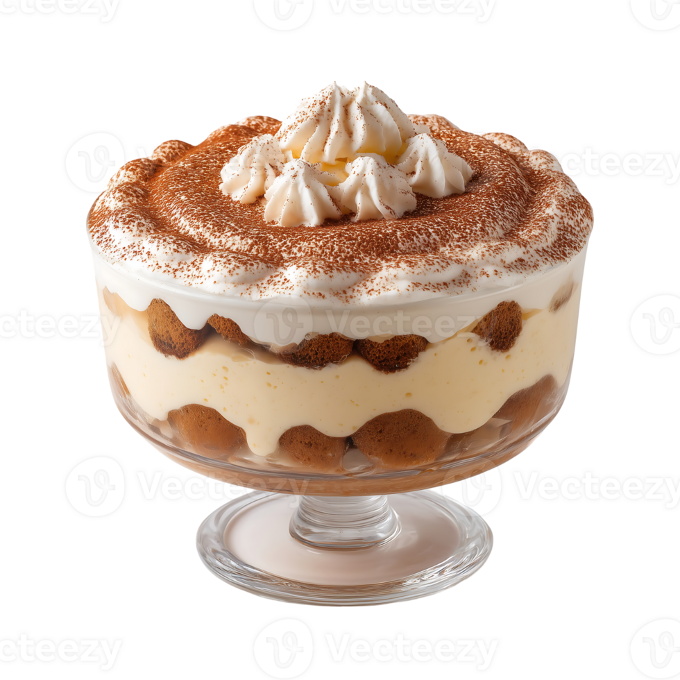 Delicious layered dessert in glass bowl topped with whipped cream and cocoa powder png