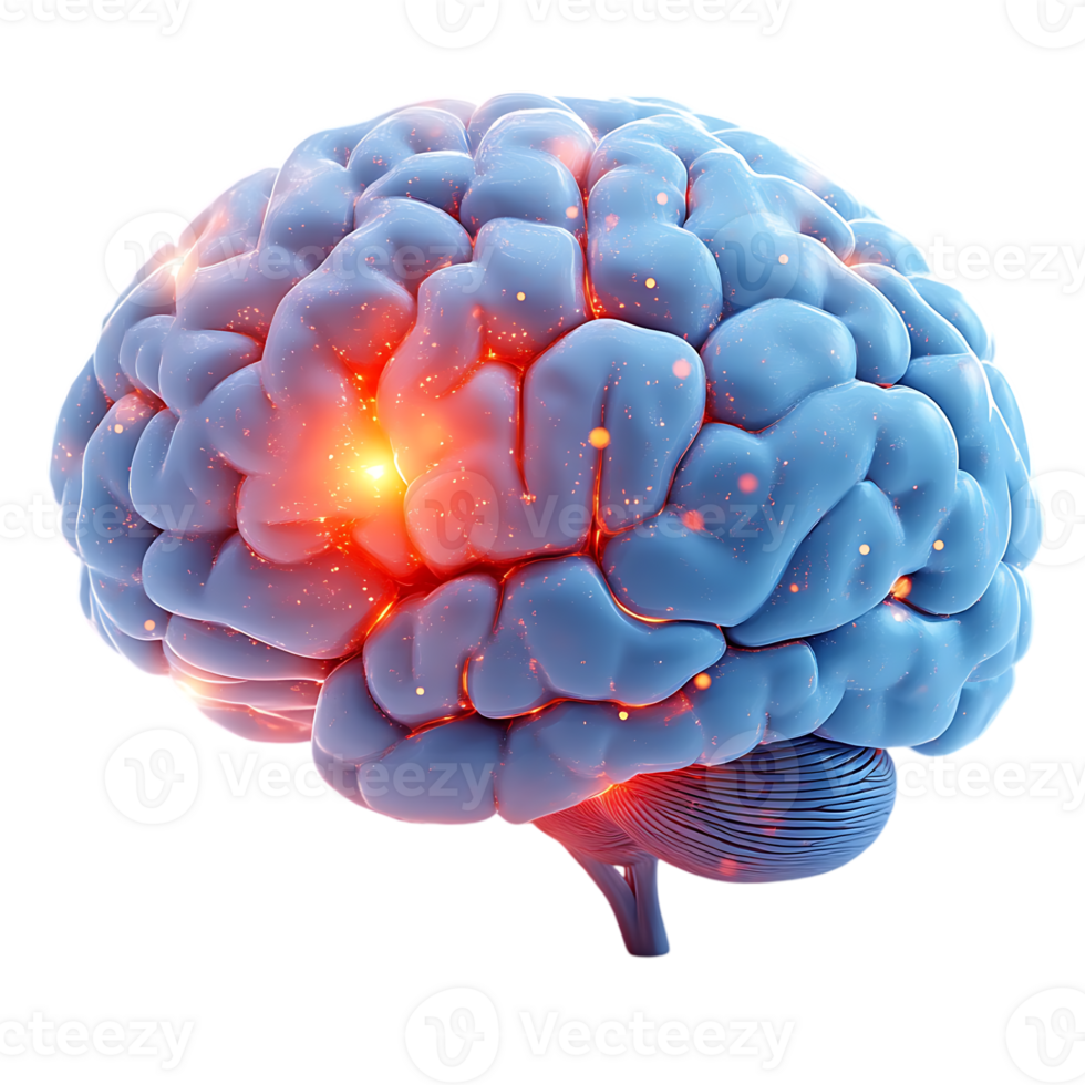 Human brain anatomy 3D model showing active neural pathways glowing bright red orange and blue png