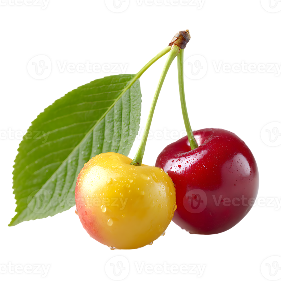 Two ripe cherries one red one yellow with a green leaf png