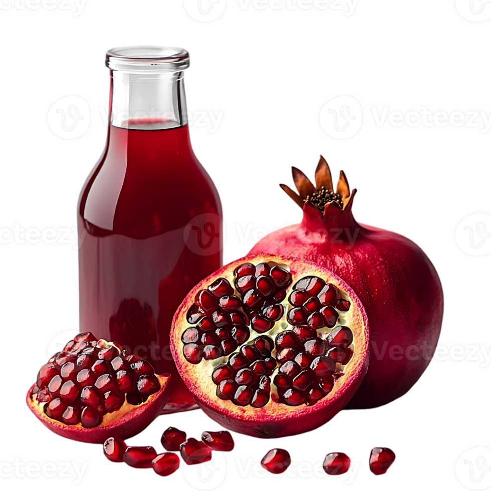 Pomegranate juice bottle and fresh pomegranates seeds and arils png