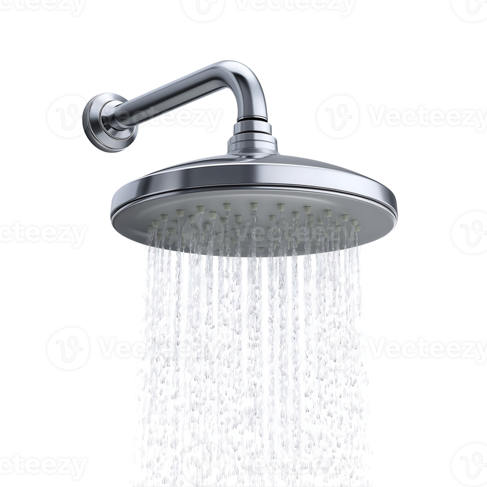 A modern chrome shower head with water flowing showing multiple water streams png