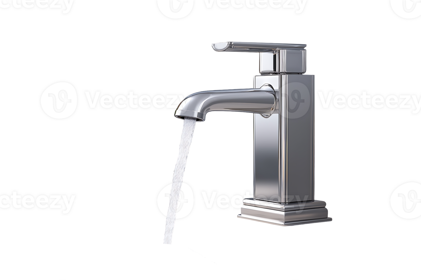 Modern chrome faucet with water flowing design element for bathroom kitchen or sink png