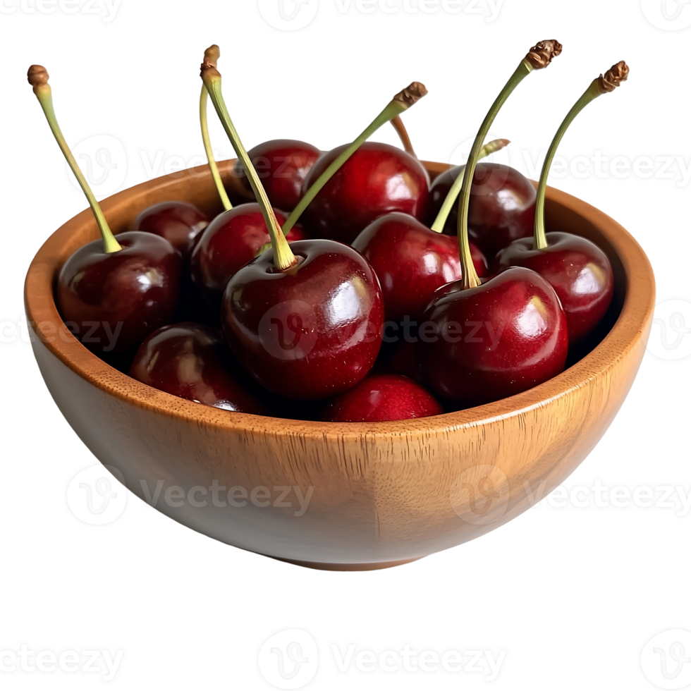 Sweet red cherries in a wooden bowl a summer treat png