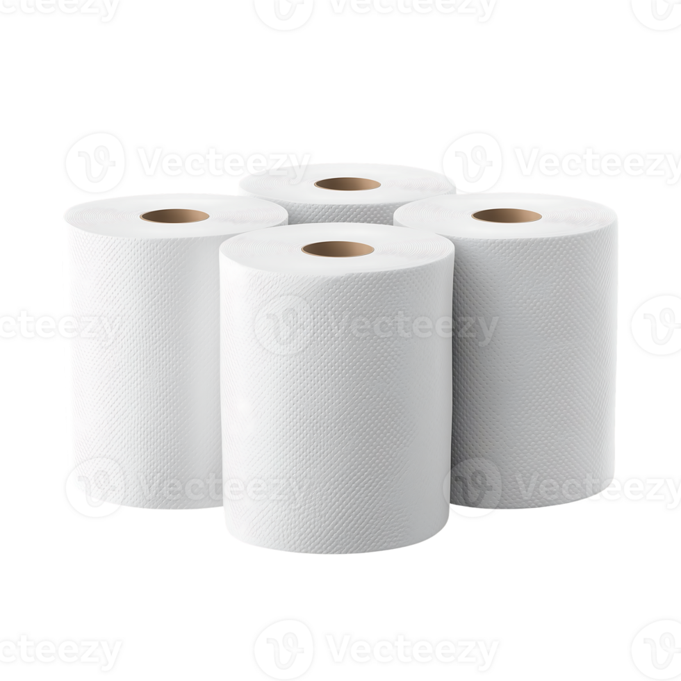 Four rolls of white textured paper towels arranged together png
