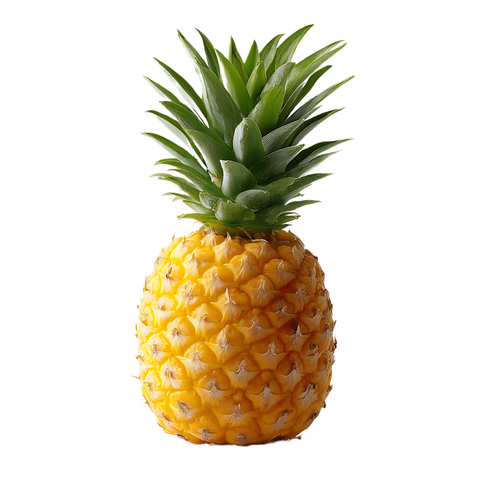 A single ripe pineapple showing its yellow skin and green leaves png