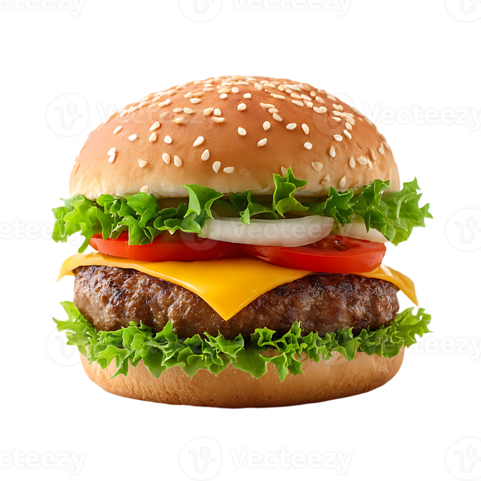 Juicy beef burger with cheese lettuce tomato and onion on a sesame seed bun png