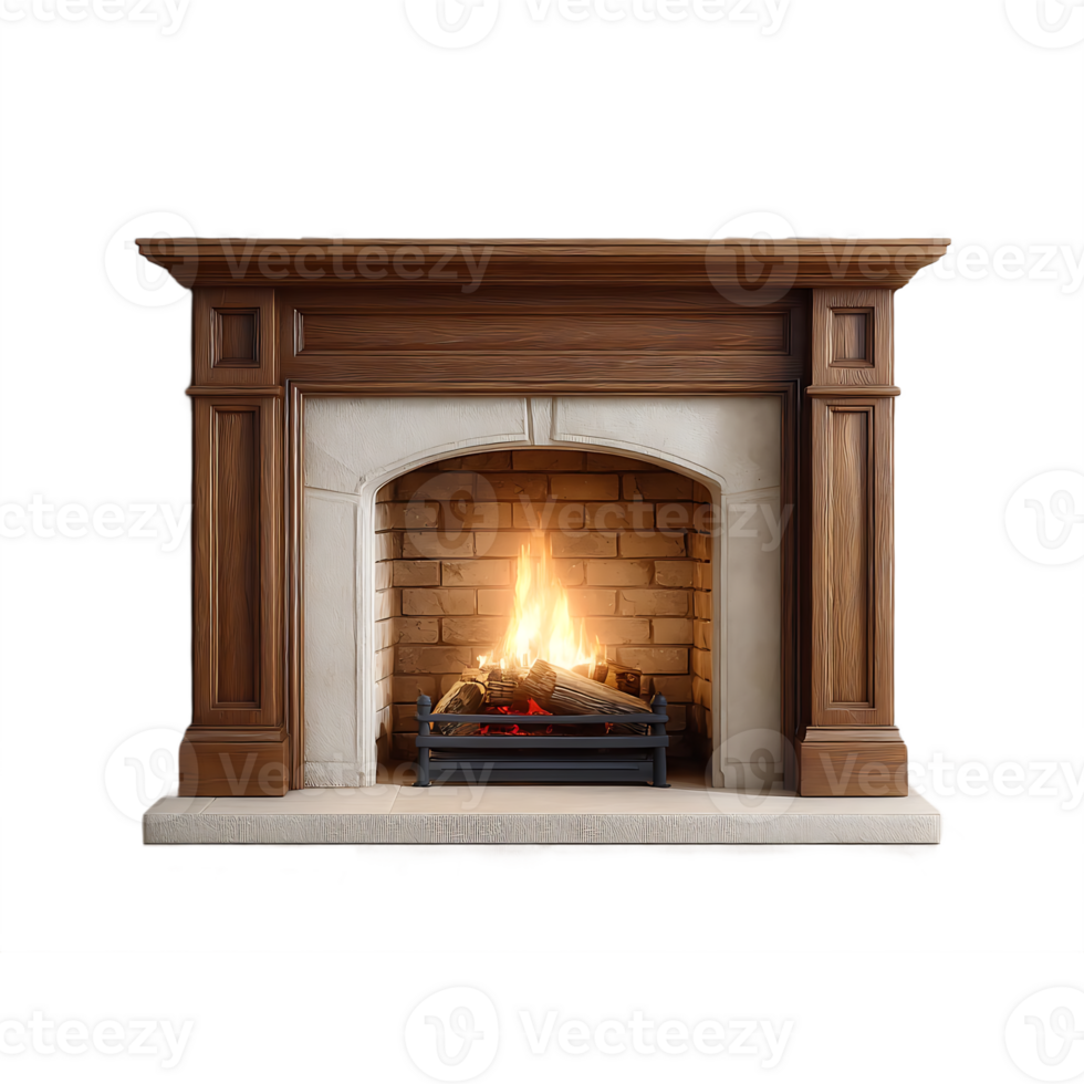Cozy fireplace with wooden mantel and brick interior burning logs png