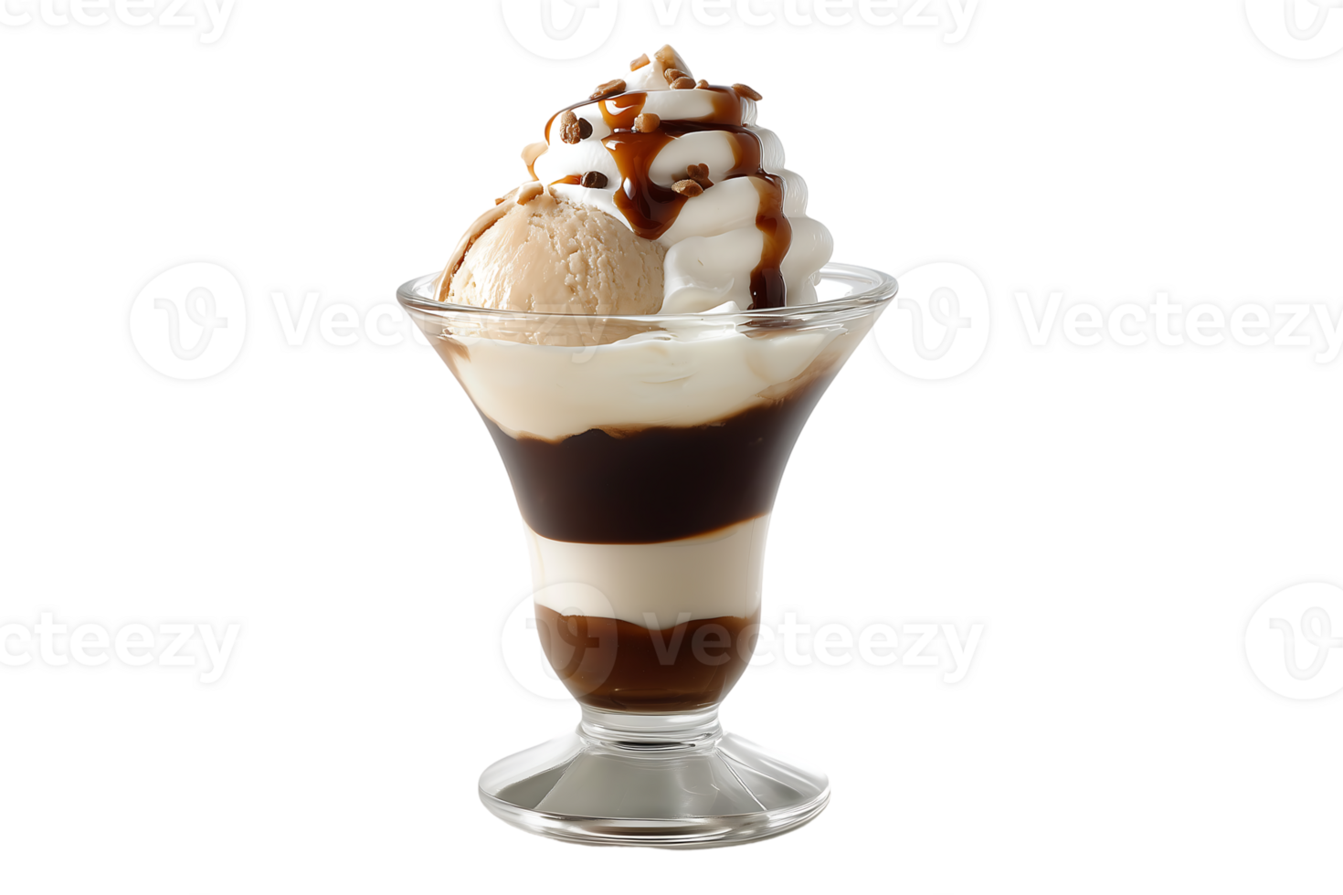 Delicious layered ice cream dessert with whipped cream and caramel sauce in a glass png