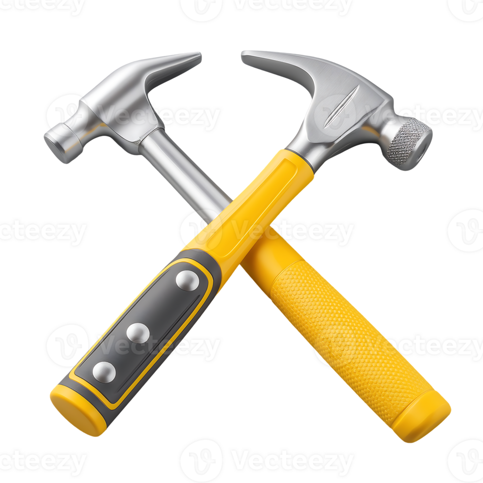 Two hammers crossed silver and yellow handles construction tools png