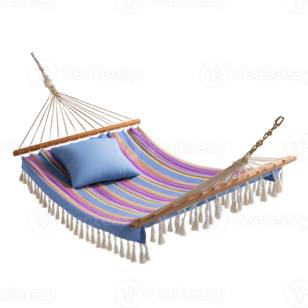 Striped hammock with wooden spreader bar and tassels relaxation outdoor furniture png