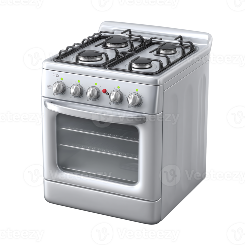 Modern silver freestanding gas oven with four burners and a large oven capacity ideal for home kitchens png
