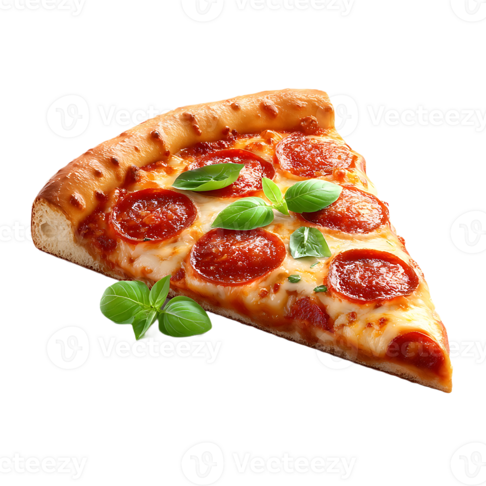 Delicious pepperoni pizza slice with melted cheese and basil png