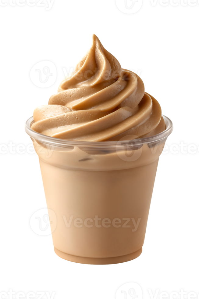 Creamy light brown dessert in a plastic cup swirls of soft serve png