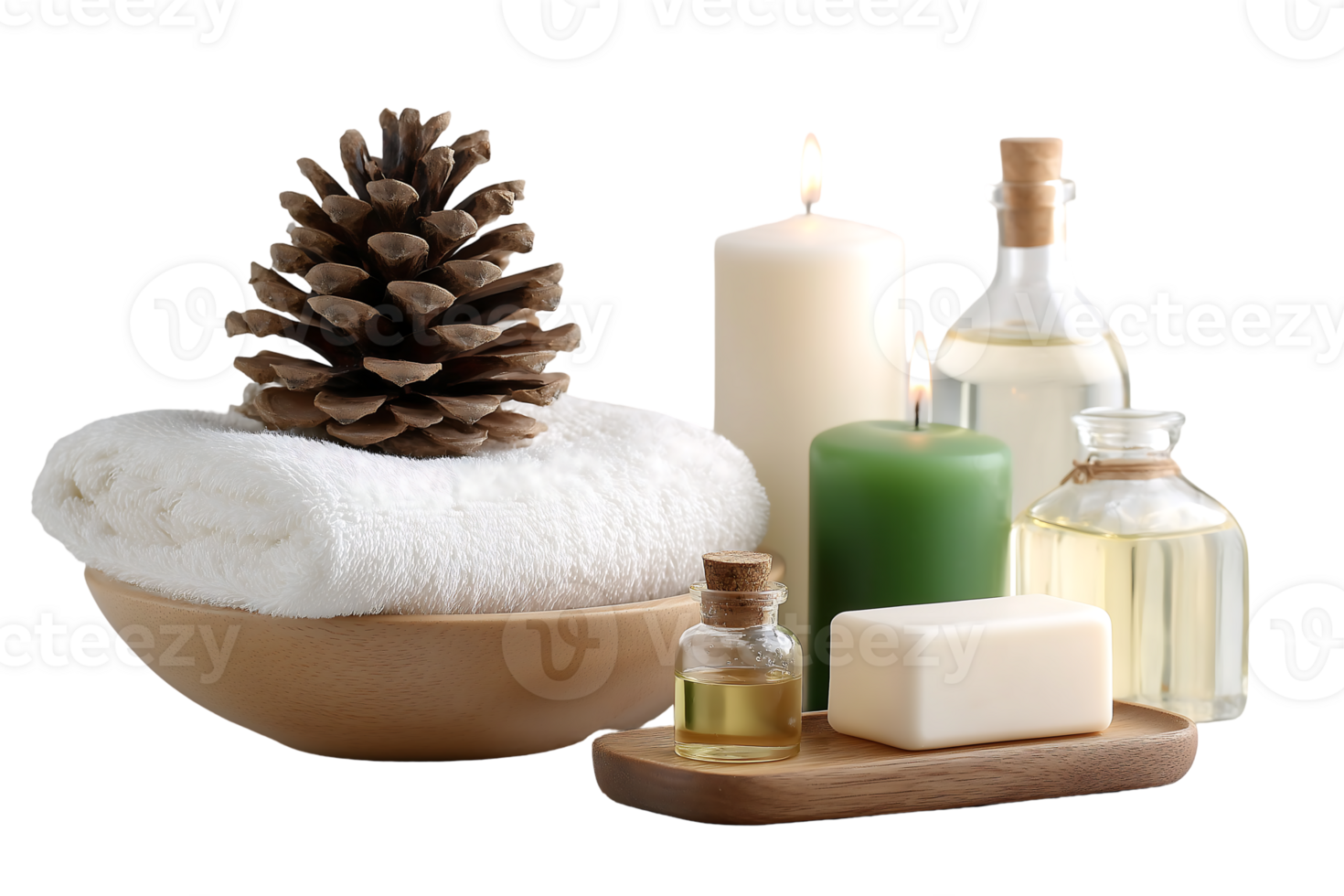 Spa day essentials soft towel fragrant oils candles and soap png
