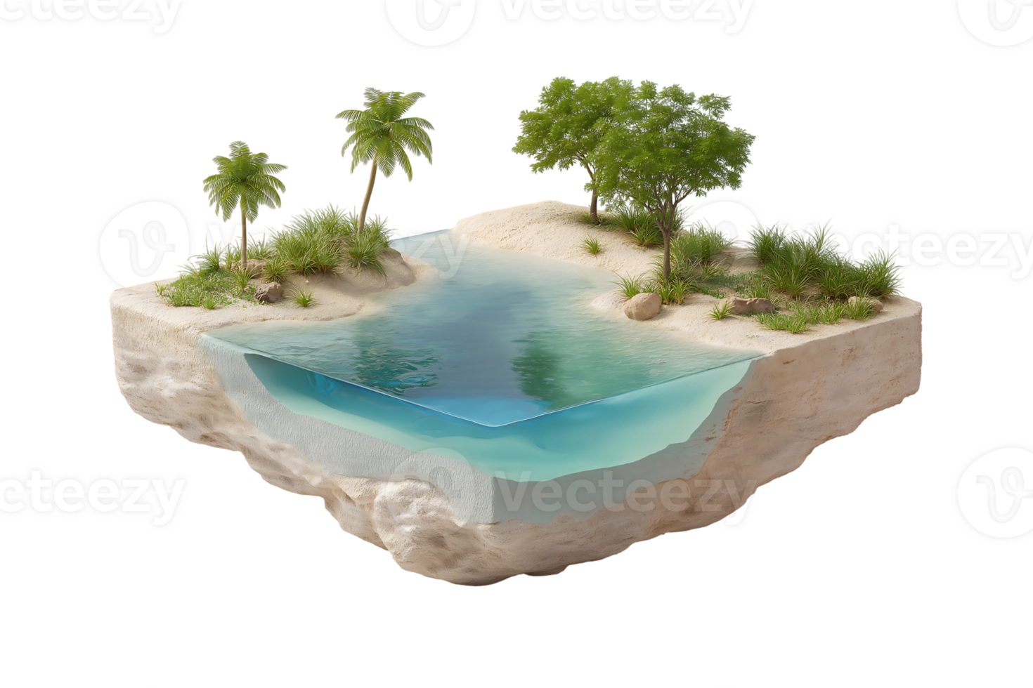 Miniature island paradise scene with palm trees green trees and a small inlet of clear water png