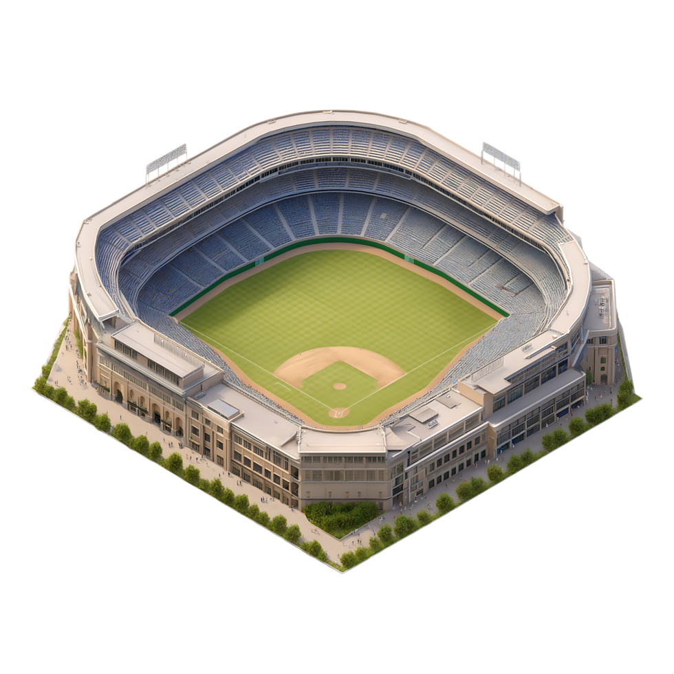 Aerial view of a baseball stadium filled with spectators a green field and surrounding landscaping png