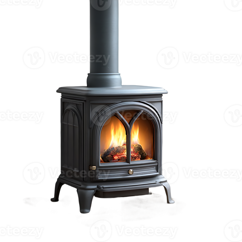Gray wood burning stove with fire burning inside on stone floor png