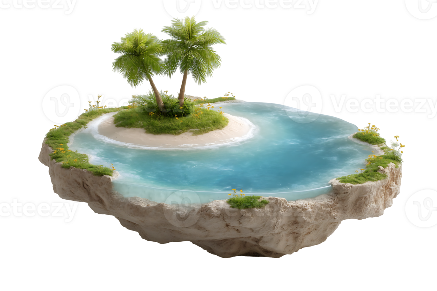 Tropical island paradise floating in the ocean palm trees beach sand and blue water png