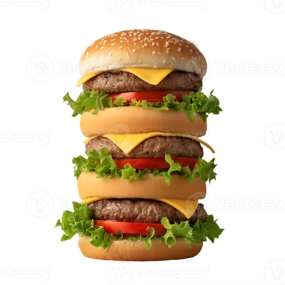 Triple decker cheeseburger sesame seed bun lettuce tomato beef patty cheese png