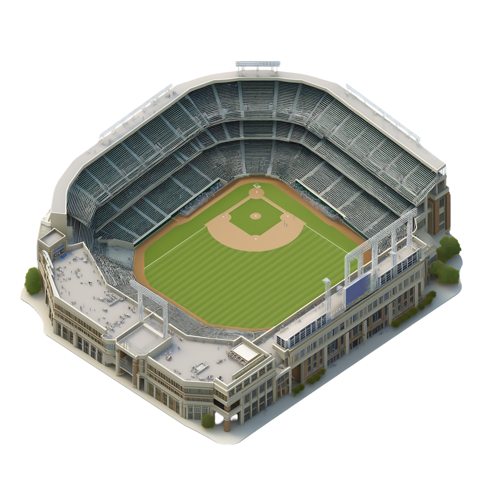 Isometric view of a baseball stadium with filled stands and a green field png