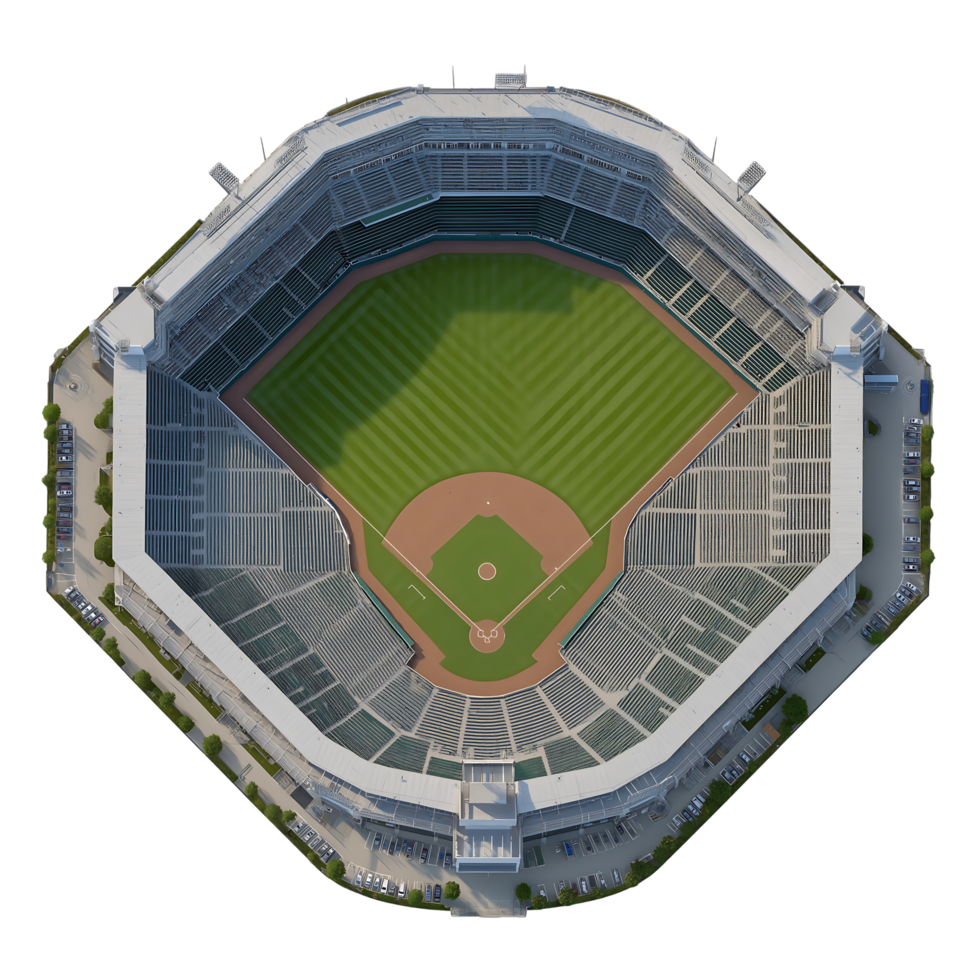 Aerial view of a baseball stadium showing the field stands and parking lot png