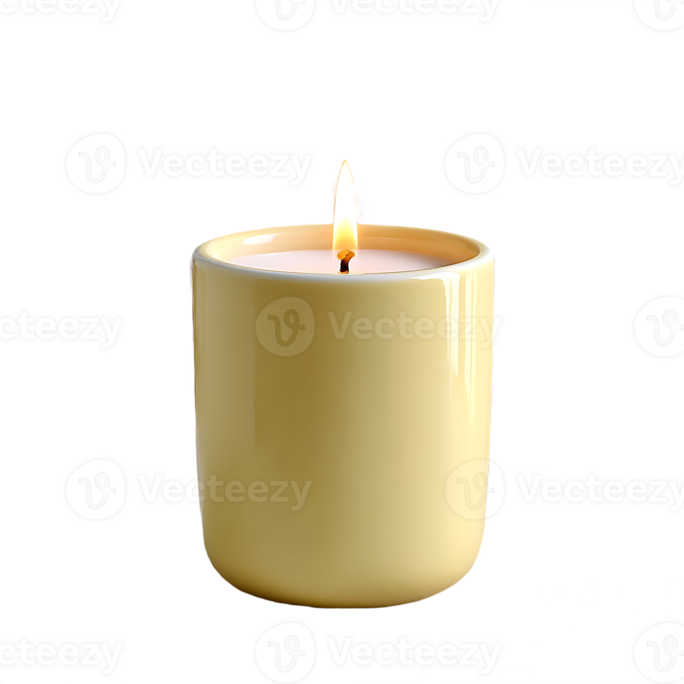 A lit pale yellow candle in a cylindrical container png