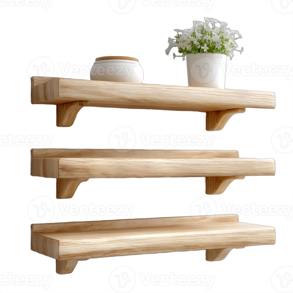 Three rustic wooden shelves with a plant and small container png