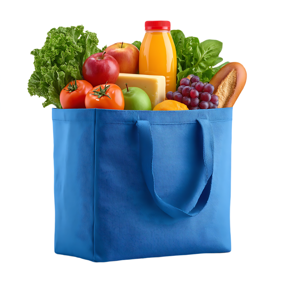 Blue reusable shopping bag filled with groceries apples tomatoes grapes juice cheese lettuce bread png