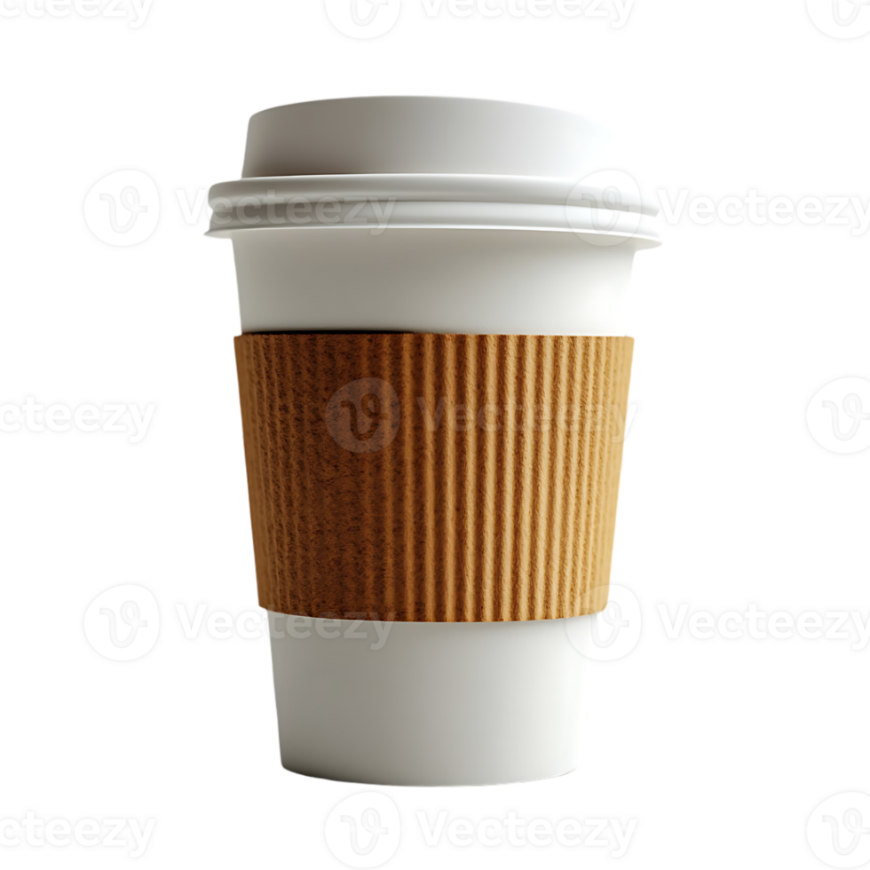 A white disposable coffee cup with a brown cardboard sleeve png
