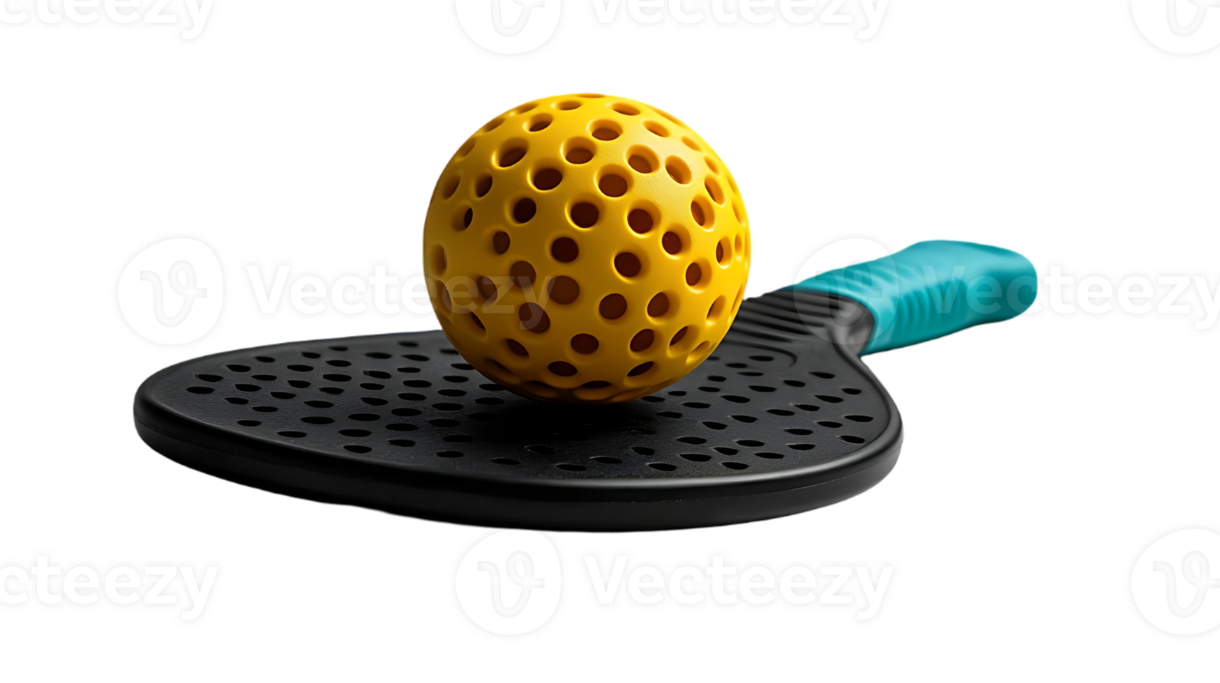 Yellow perforated ball rests on black paddle racket teal handle png