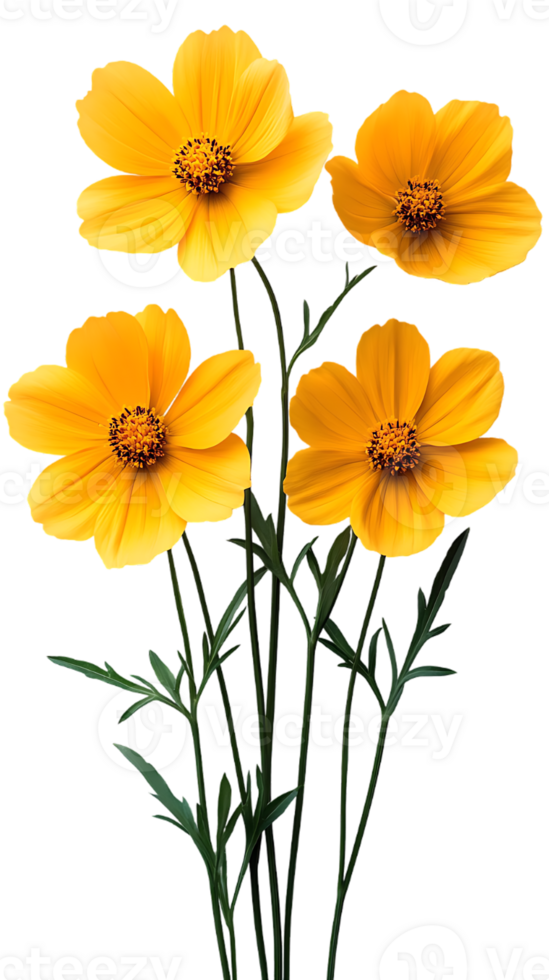 Four yellow flowers with green stems a floral bouquet png