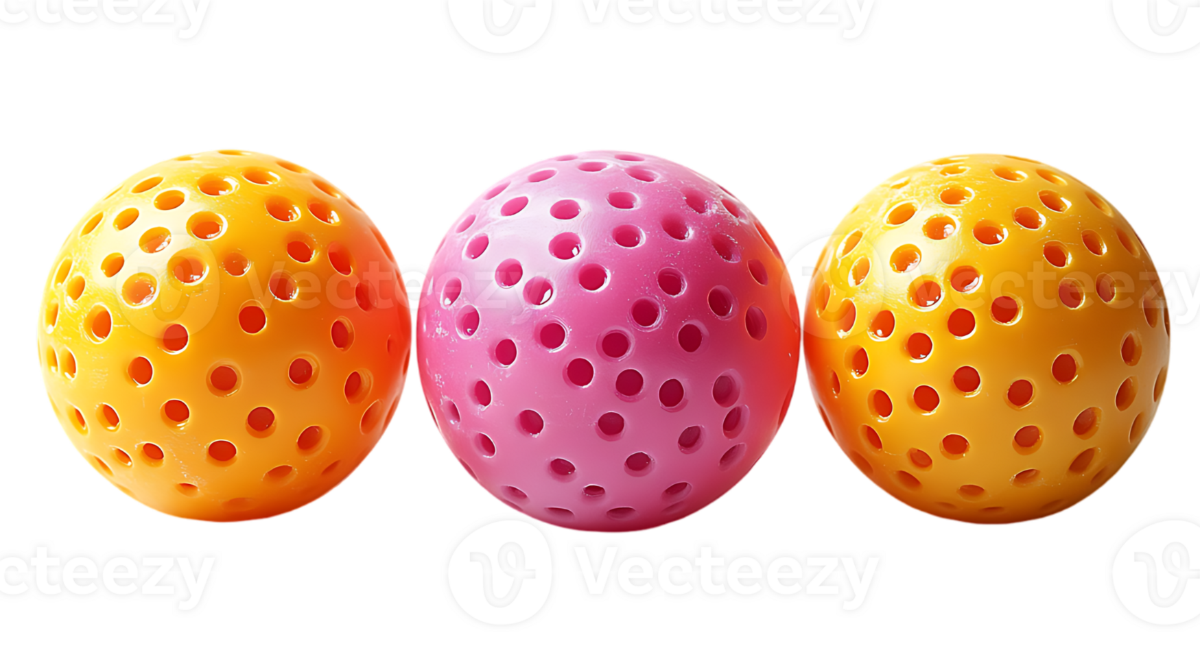 Three colorful balls with holes arranged in a row png