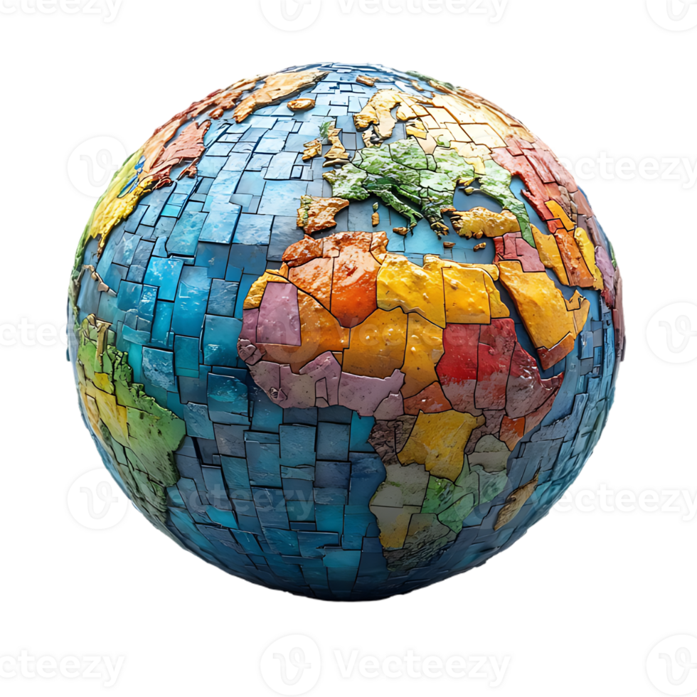 Colorful mosaic globe showing world map continents countries and oceans png