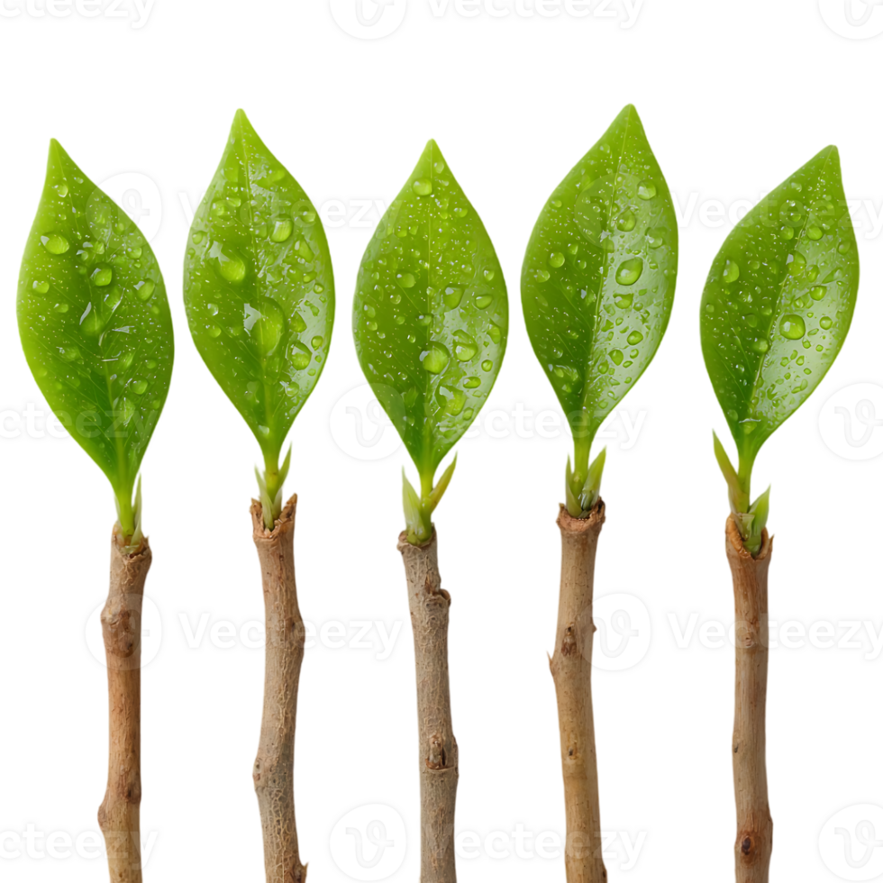 Five vibrant green leaves with water droplets on them sprouting from brown stems png