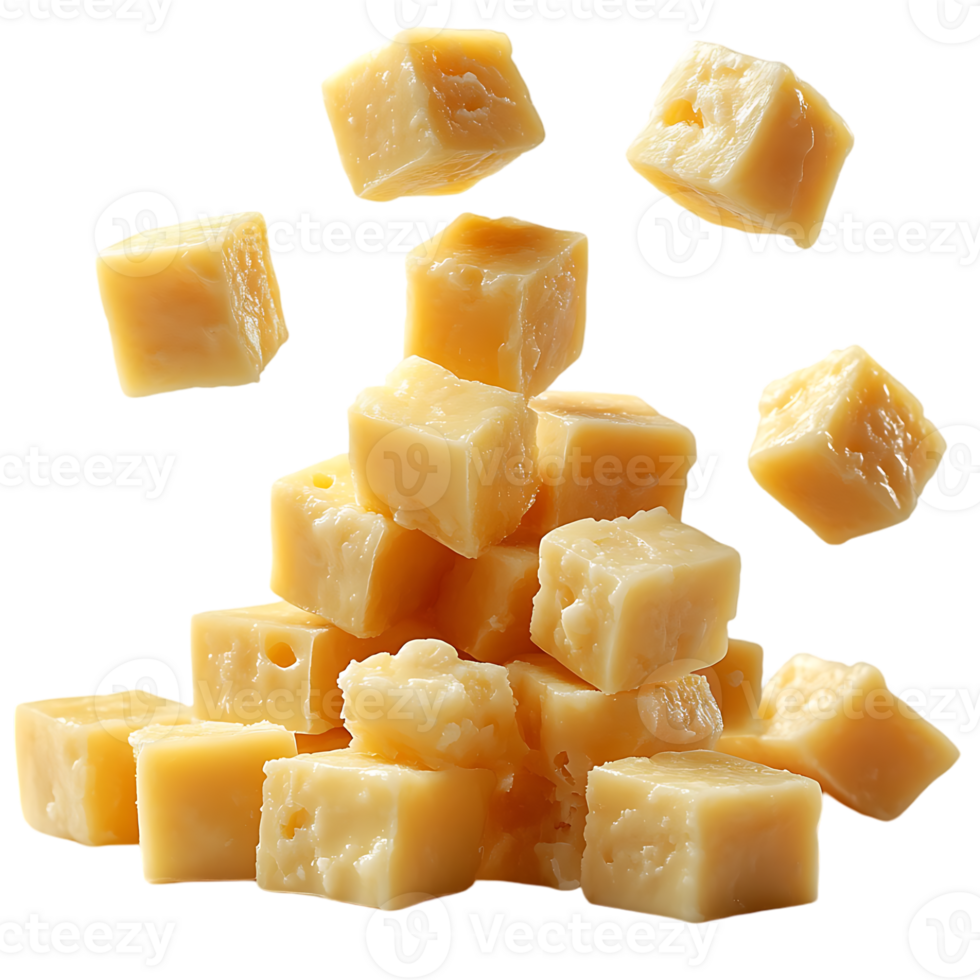 Cubes of cheese falling and piled high a delicious dairy snack png