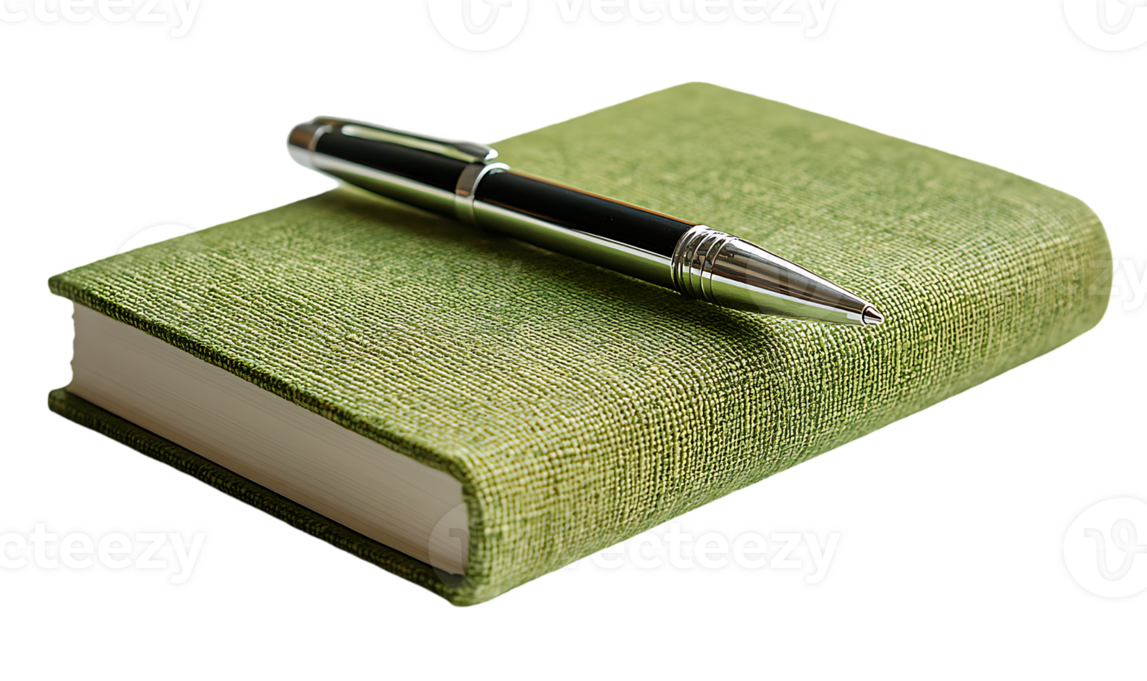 Green notebook with a silver pen ready for writing or note taking png