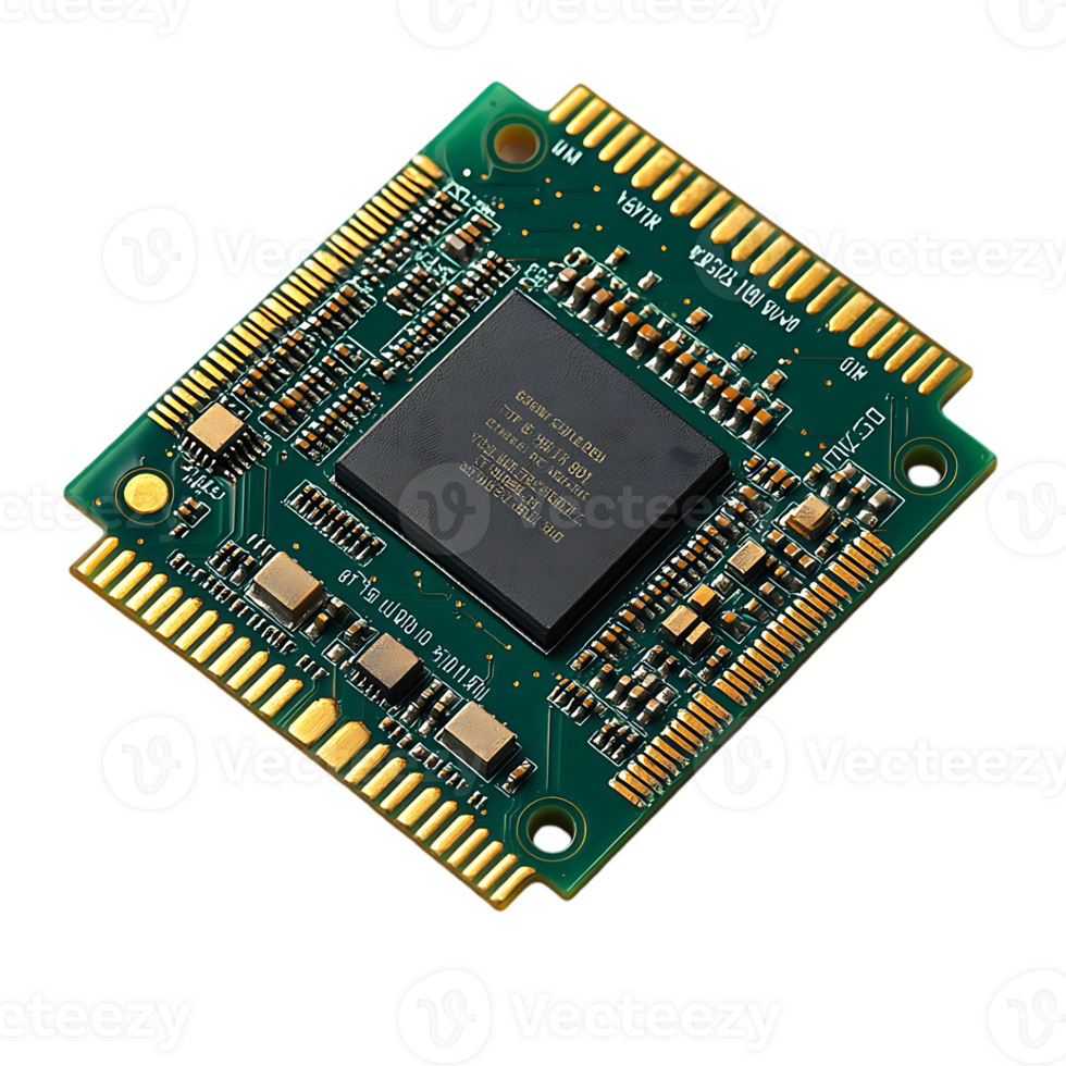 Green circuit board with gold connectors and integrated chip close up view technology component png