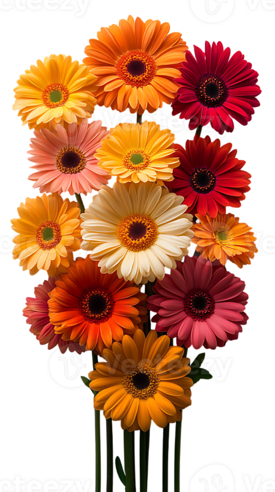 A vibrant bouquet of gerbera daisies in various shades of orange red and pink png