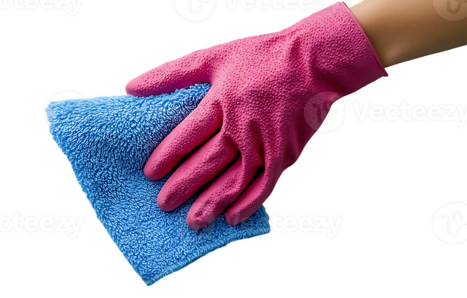 Pink glove holding blue cleaning cloth png