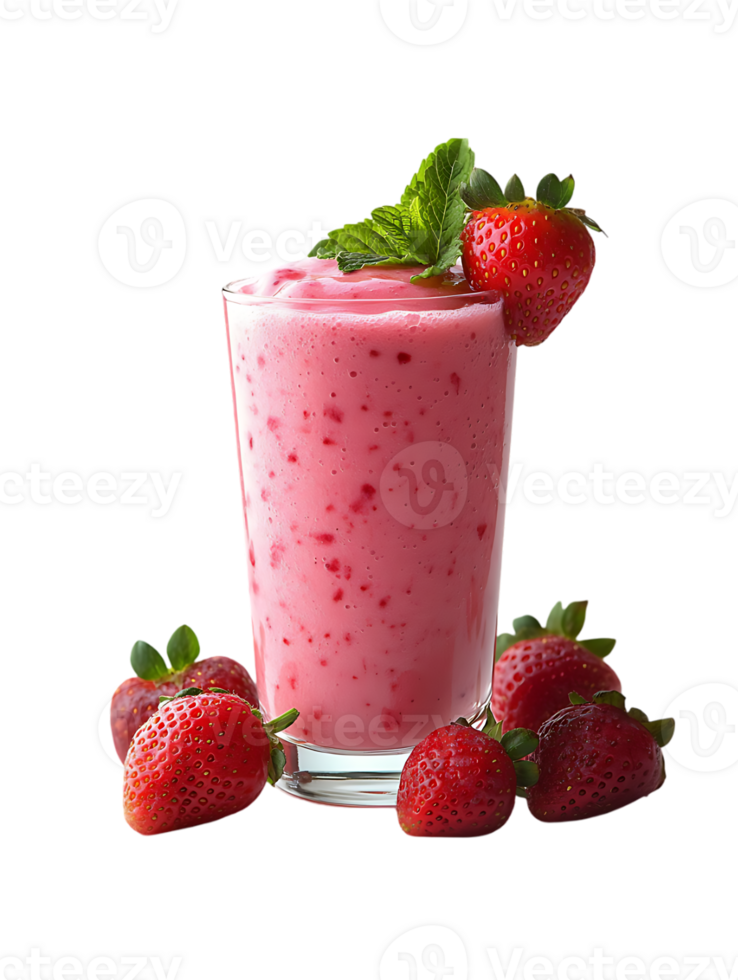 Refreshing strawberry smoothie in a glass garnished with fresh strawberries and mint png