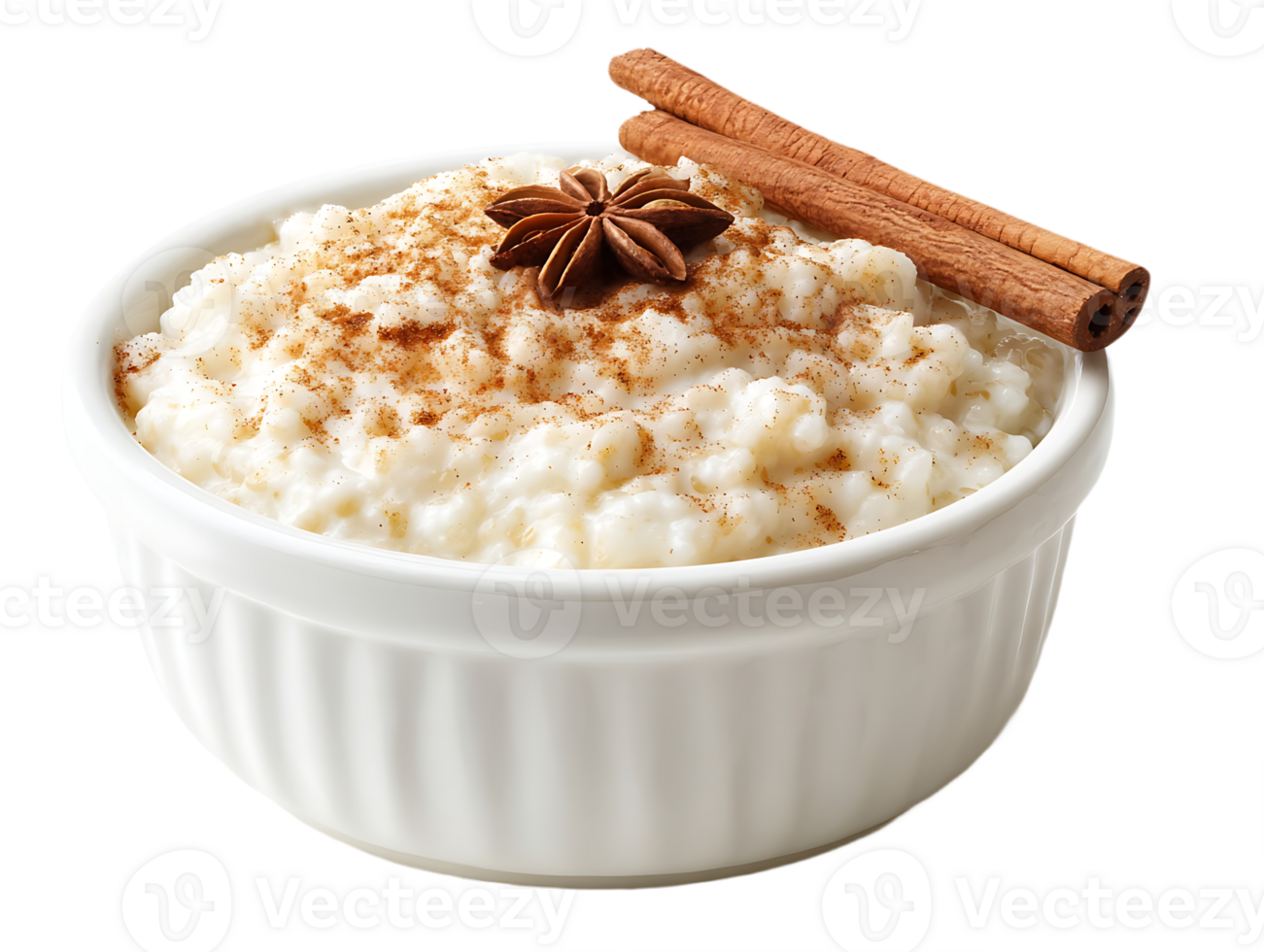 Creamy rice pudding dessert in a white bowl topped with cinnamon and star anise png