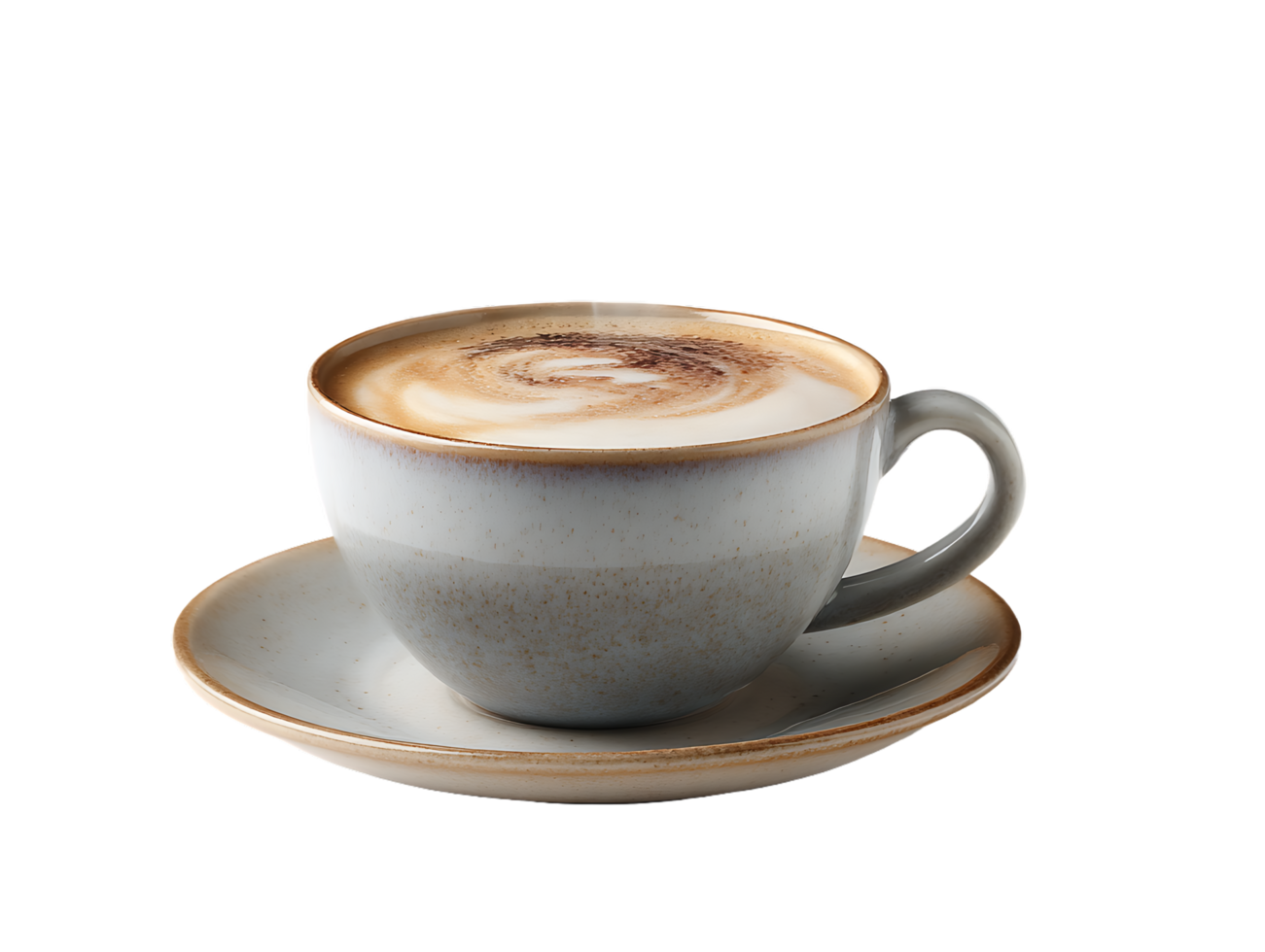 A cup of cappuccino with latte art sits on a saucer png