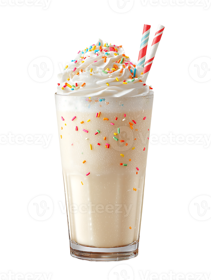 Creamy milkshake with whipped cream and sprinkles two straws png