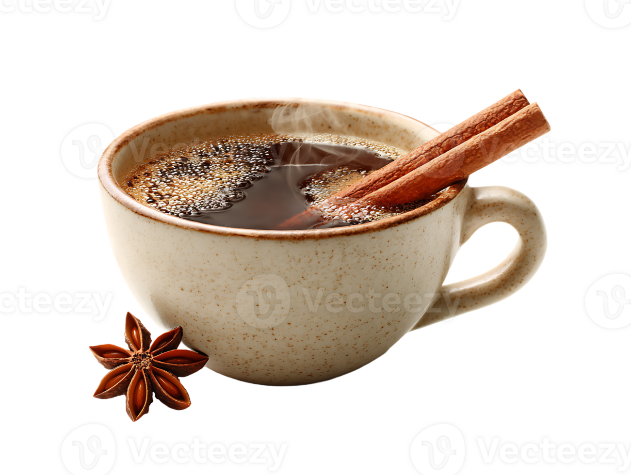 Steaming spiced coffee in a speckled mug with cinnamon sticks and star anise png